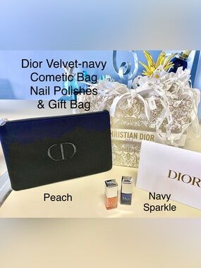 Dior New 3PcCosmetic Bag & 2 Nail Polishes Bag:Navy Blue Embroidered CD +GiftBag